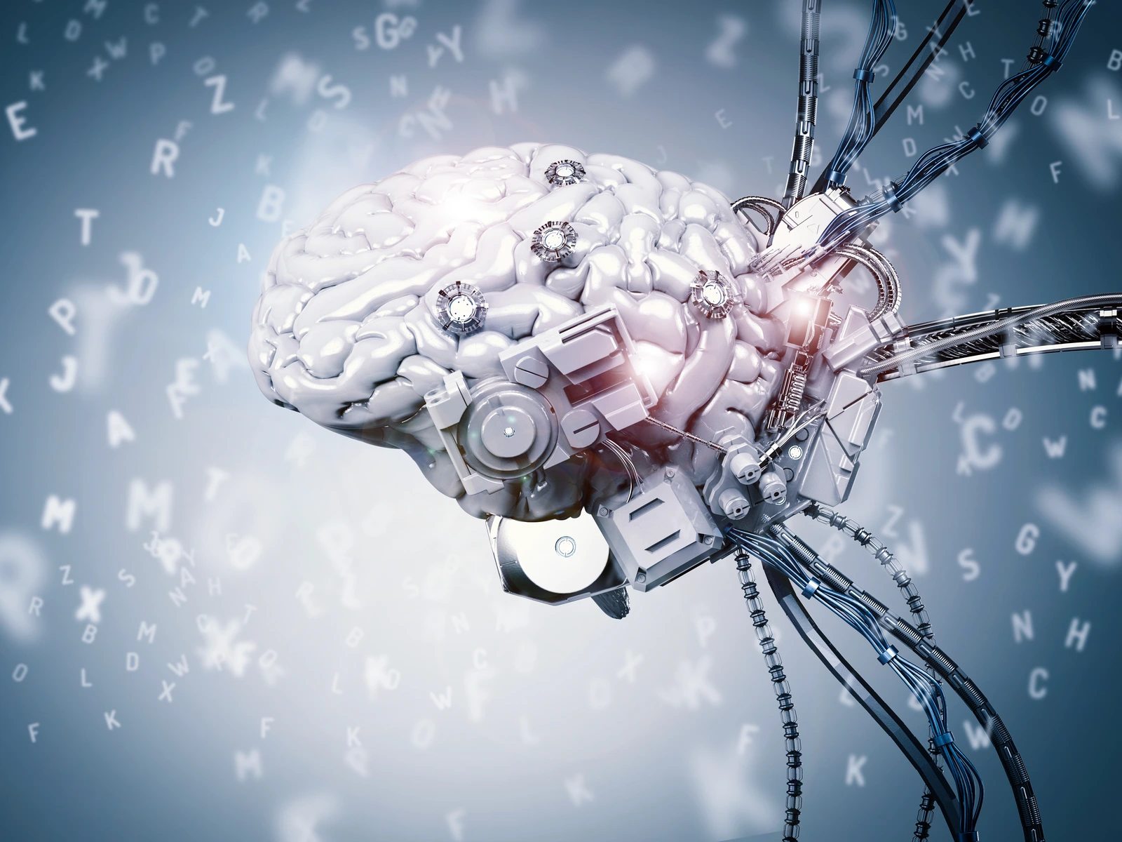 Representación de un cerebro conectado con tecnología e inteligencia artificial