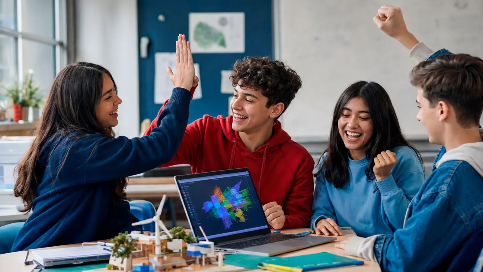 Estudiantes celebrando el resultado de un proyecto